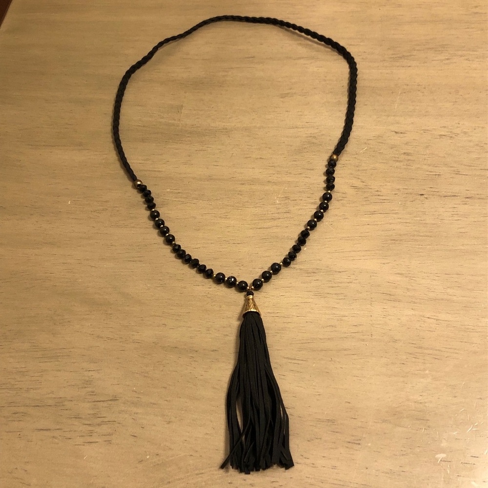 Vintage Black Beaded And Braided Necklace with Tassel